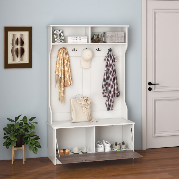 White Wood 3-in-1 Coat Rack Hall Tree Shoe Storage Shoe Bench with 6-M