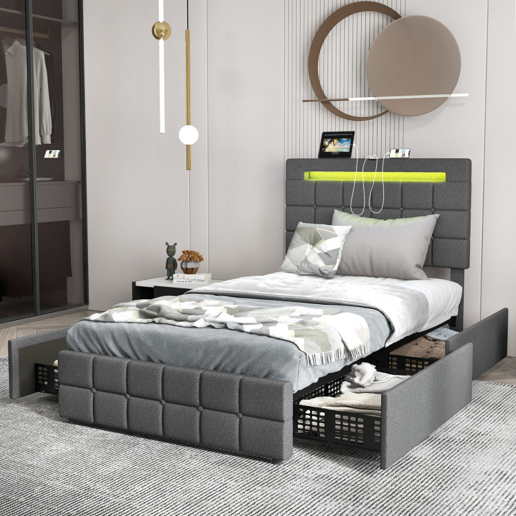 Upholstered LED Bed Frame with Headboard and Drawers-Gray - Gallery View 6 of 12