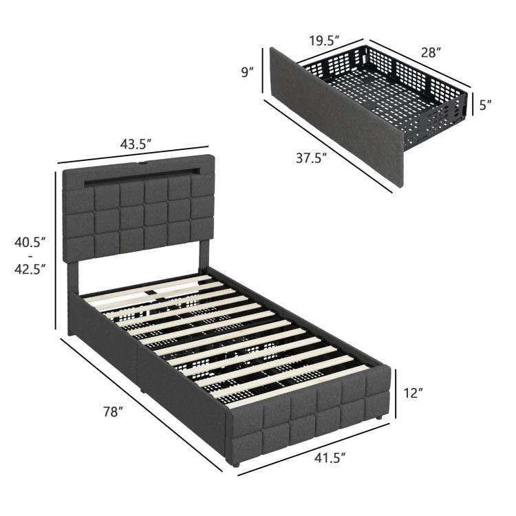 Upholstered LED Bed Frame with Headboard and Drawers-Gray - Gallery View 5 of 12