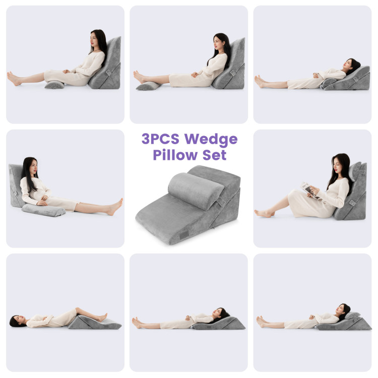 6 Pieces Bed Wedge Pillow Set for Neck Back and Leg Pain Relief-Gray | Costway