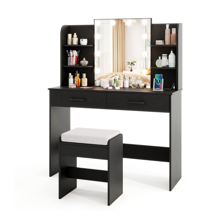 Vanity Set with Lighted Mirror and Stool with Power Outlet - Gallery View 1 of 11