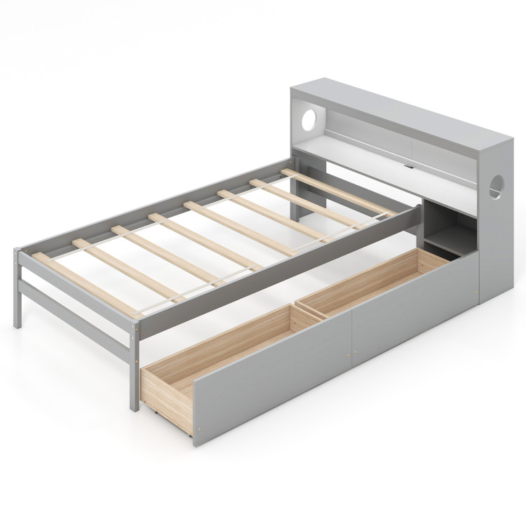 Twin Size Bed Frame with LED Light and Bookcase Headboard - Gallery View 1 of 10