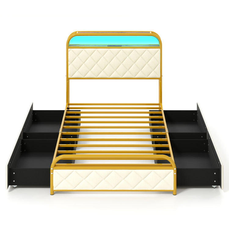 Twin/Full/Queen Size Bed Frame with LED Lights and Charging Station Golden - Gallery View 1 of 10