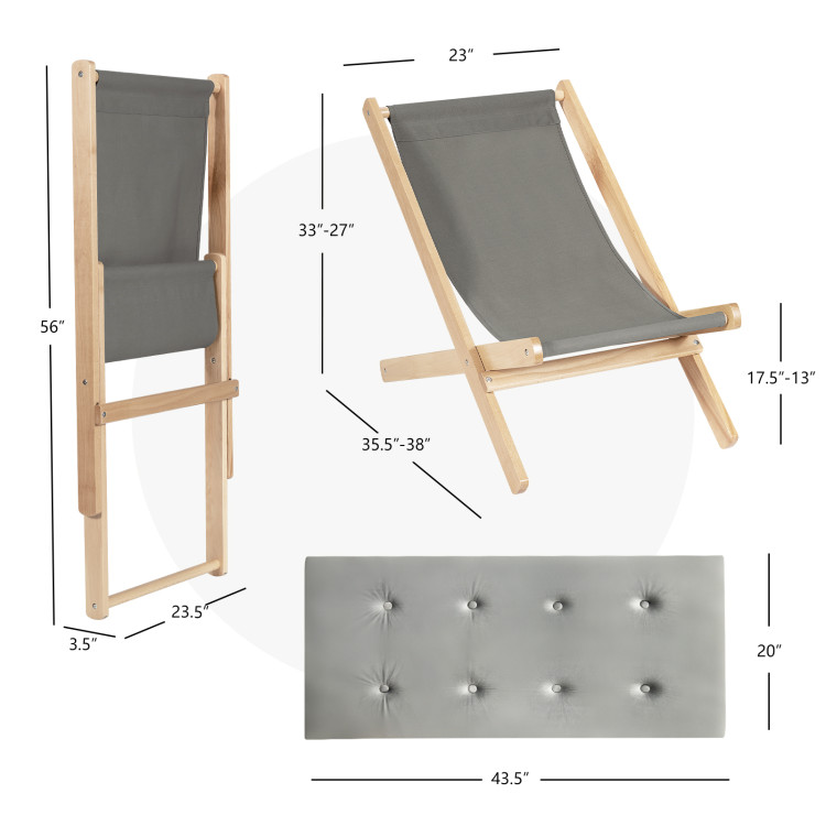 3-Position Adjustable and Foldable Wood Beach Sling Chair with Free Cushion-GrayCostway Gallery View 4 of 10