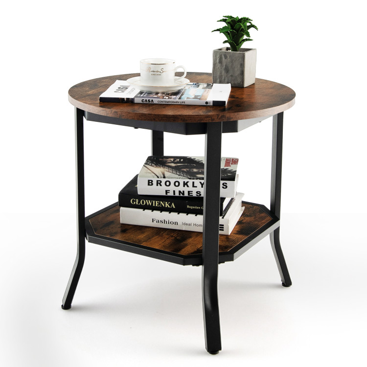 2-Tier Round End Table with Storage Shelf for Living Room-BrownCostway Gallery View 7 of 9