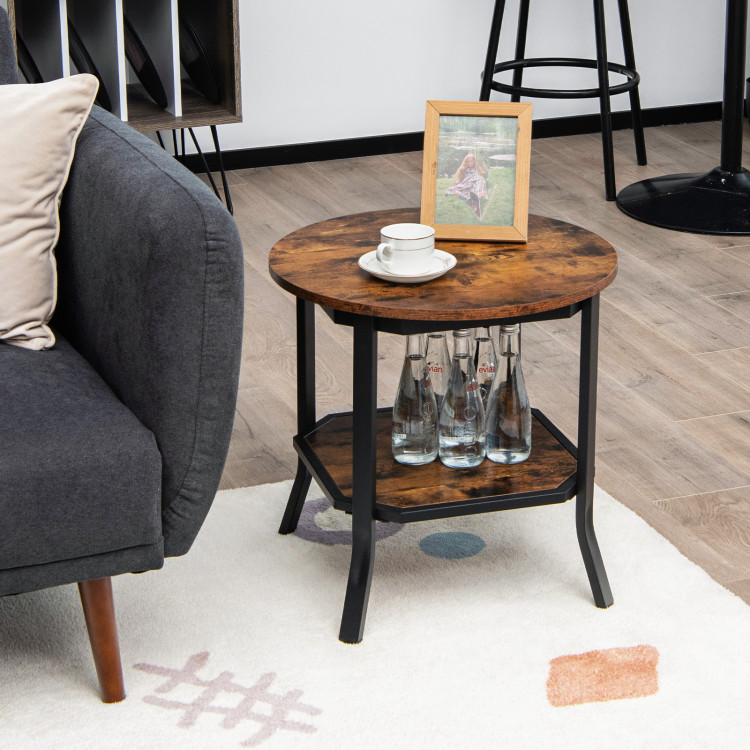 2-Tier Round End Table with Storage Shelf for Living Room-BrownCostway Gallery View 6 of 9