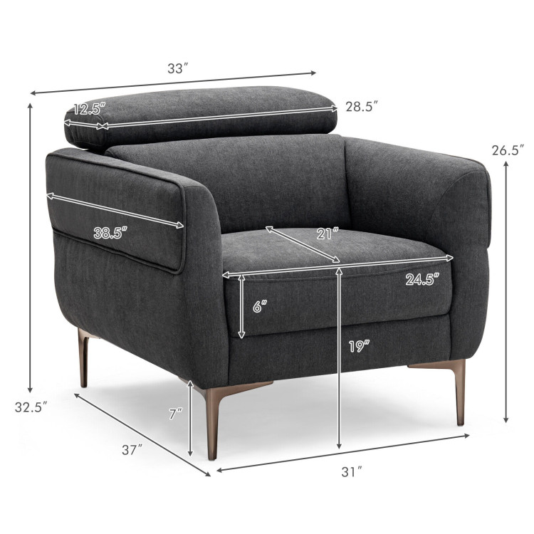 Modern Upholstered Single Sofa with Adjustable Headrest-GrayCostway Gallery View 4 of 9