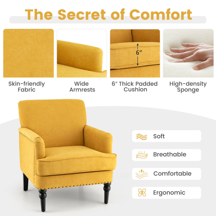 Modern Upholstered Padded Accent Chair with Rubber Wood Legs-YellowCostway Gallery View 5 of 9