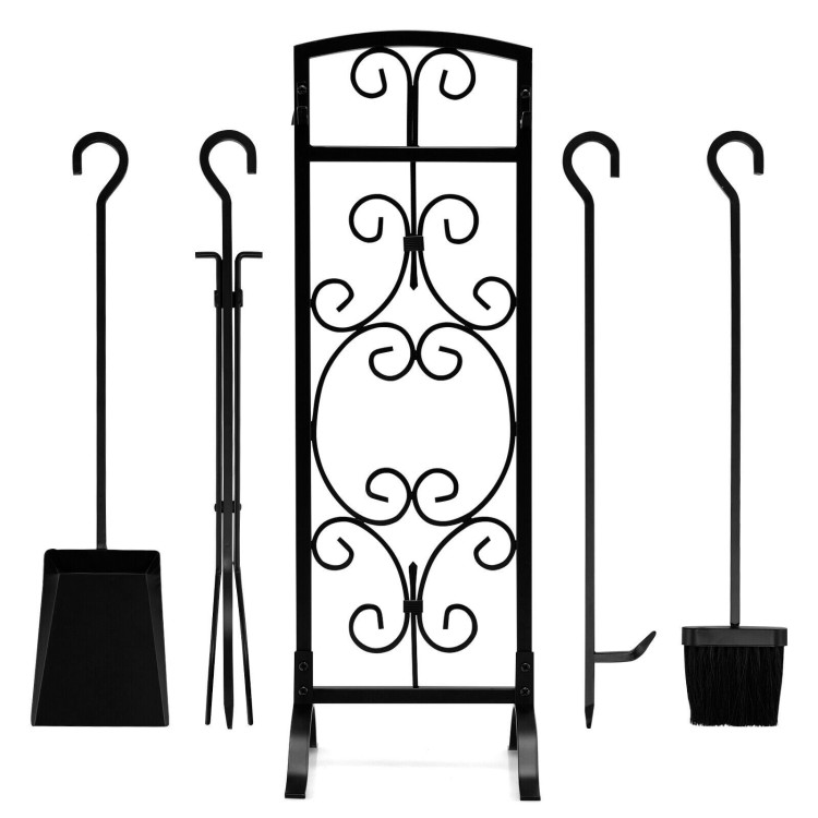 5 Piece Wrought Iron Fireplace Tools with Decor Holder-BlackCostway Gallery View 7 of 10