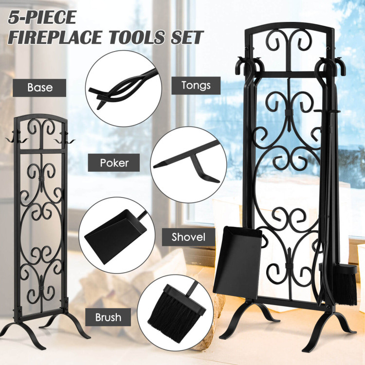 5 Piece Wrought Iron Fireplace Tools with Decor Holder-BlackCostway Gallery View 10 of 10