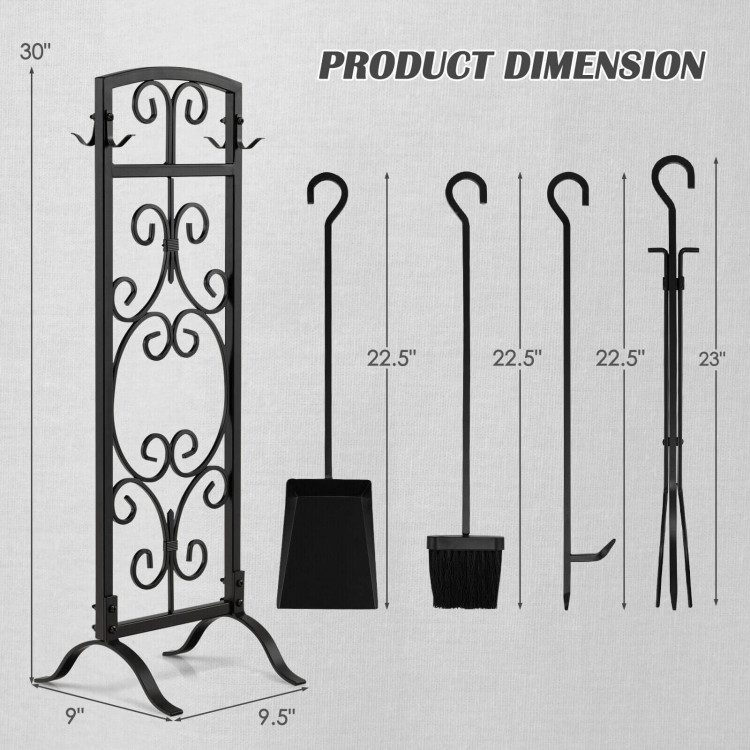 5 Piece Wrought Iron Fireplace Tools with Decor Holder-BlackCostway Gallery View 4 of 10