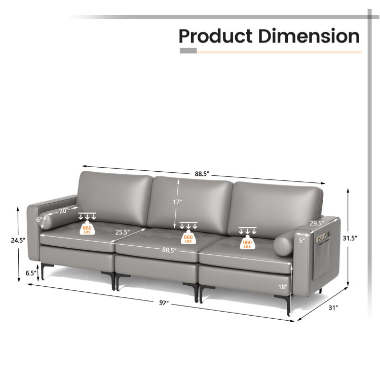 Modular 3-Seat Sofa Couch with Socket USB Ports and Side Storage PocketCostway Gallery View 4 of 11