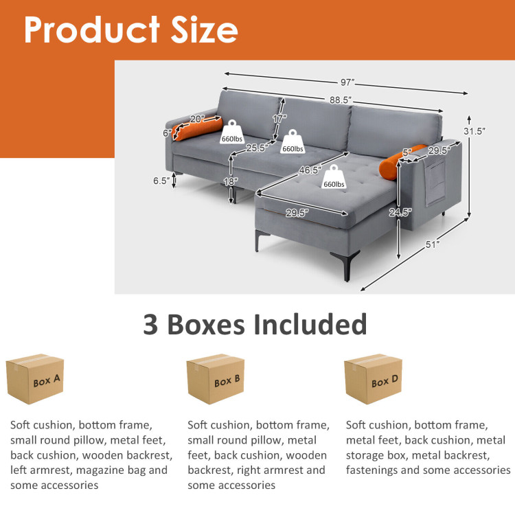 Modular L-shaped Sectional Sofa with Reversible Chaise and 2 USB Ports ...