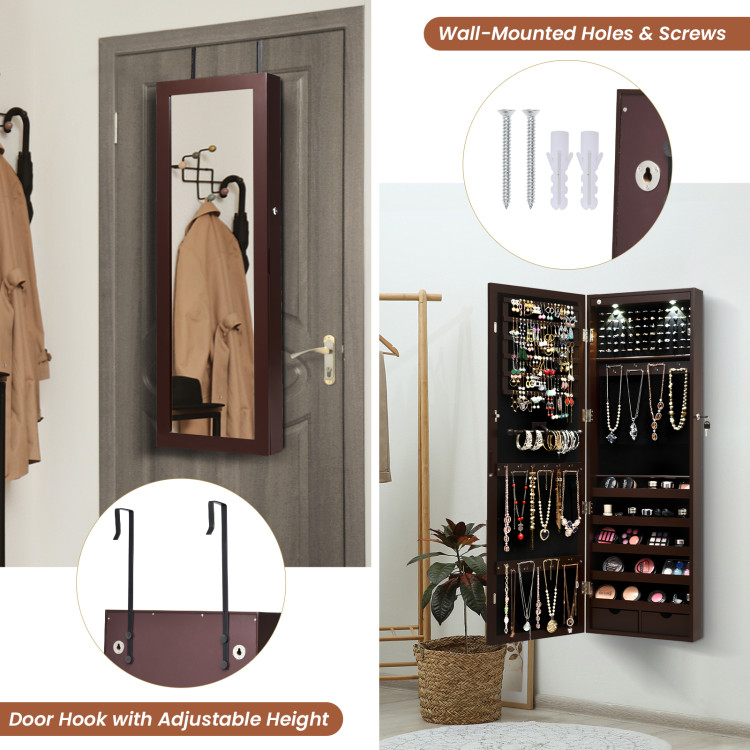 Lockable Wall Mount Mirrored Jewelry Cabinet with LED Lights-BrownCostway Gallery View 8 of 10