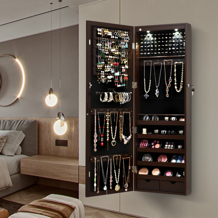 Lockable Wall Mount Mirrored Jewelry Cabinet with LED Lights-BrownCostway Gallery View 6 of 10