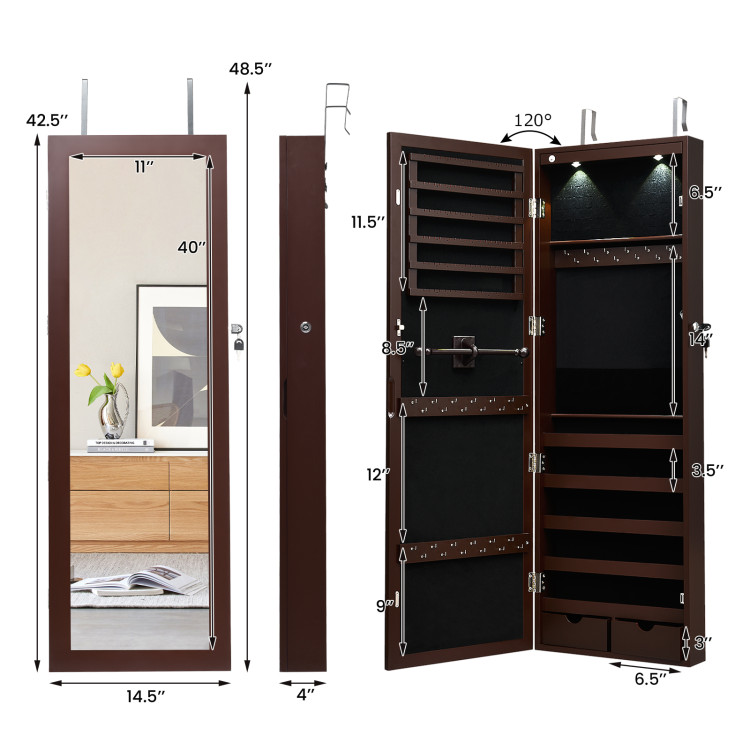 Lockable Wall Mount Mirrored Jewelry Cabinet with LED Lights-BrownCostway Gallery View 4 of 10