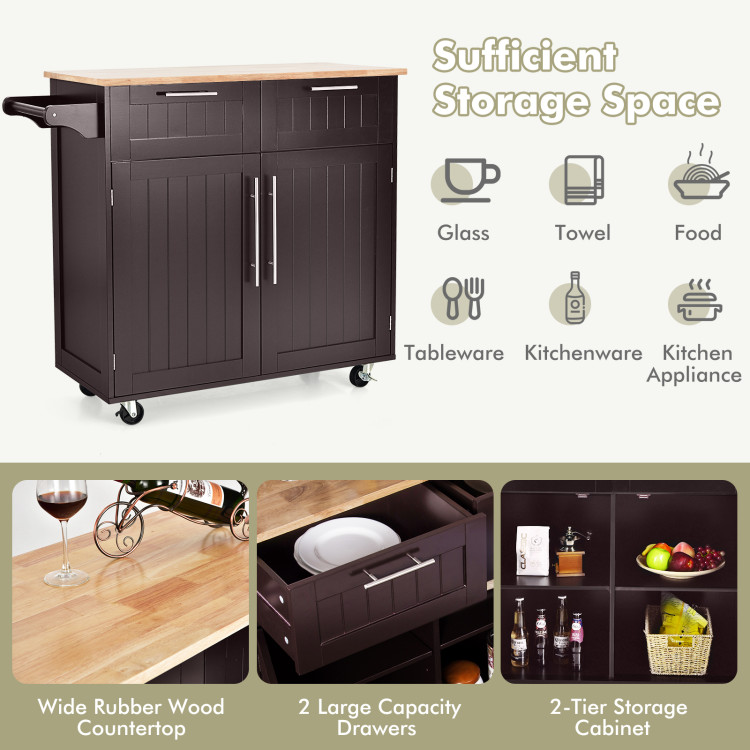 Heavy Duty Rolling Kitchen Cart with Tower Holder and Drawer-BrownCostway Gallery View 3 of 10