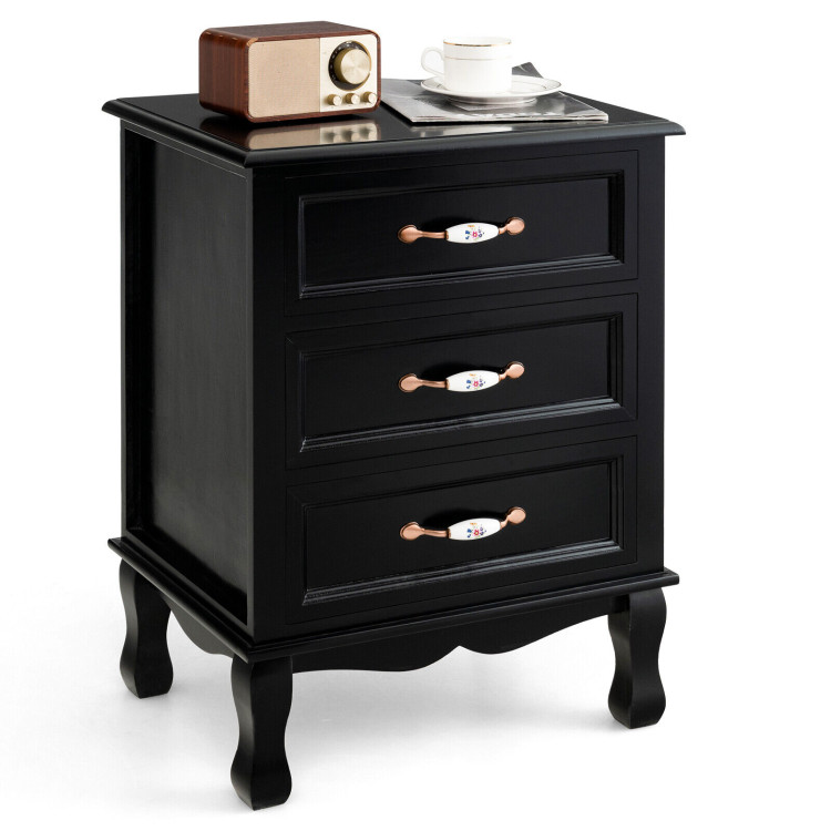 3 Drawers Nightstand with Solid Wood Legs for Living Room Bedroom-BlackCostway Gallery View 3 of 7