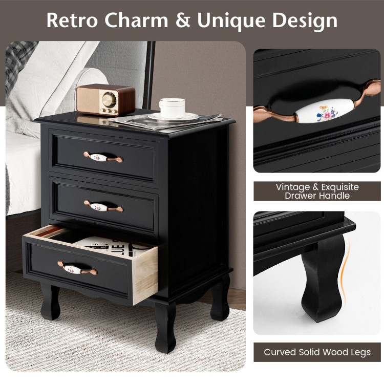 3 Drawers Nightstand with Solid Wood Legs for Living Room Bedroom-BlackCostway Gallery View 6 of 7