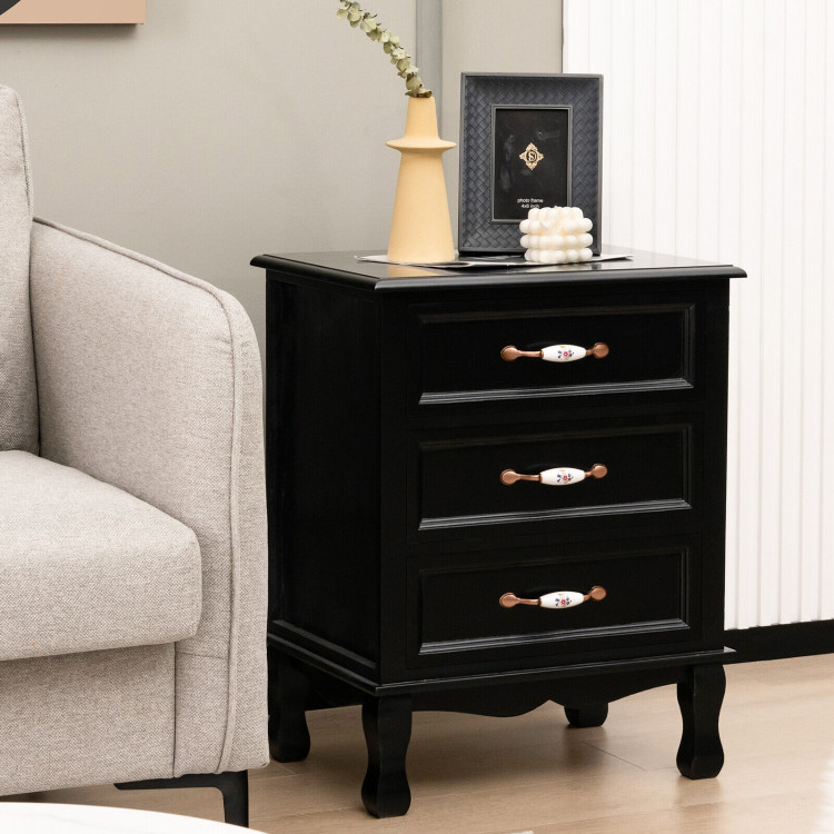 3 Drawers Nightstand with Solid Wood Legs for Living Room Bedroom-BlackCostway Gallery View 5 of 7