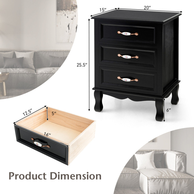 3 Drawers Nightstand with Solid Wood Legs for Living Room Bedroom-BlackCostway Gallery View 4 of 7