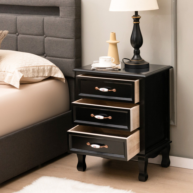 3 Drawers Nightstand with Solid Wood Legs for Living Room Bedroom-BlackCostway Gallery View 2 of 7