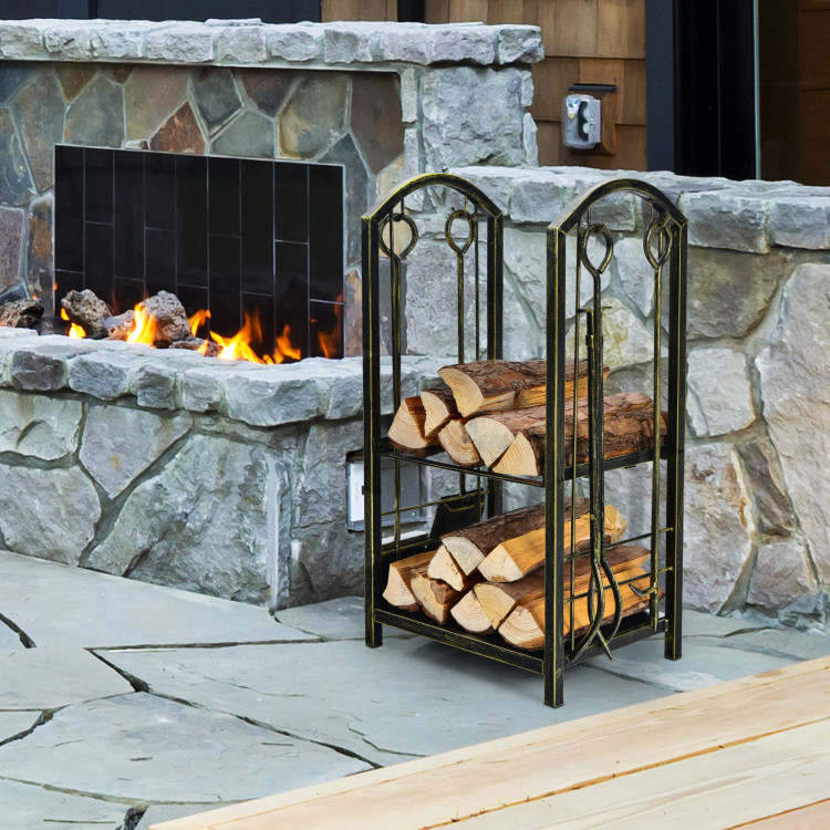 Fireplace Log Rack with 4 Pieces Fireplace Tools-BronzeCostway Gallery View 2 of 11