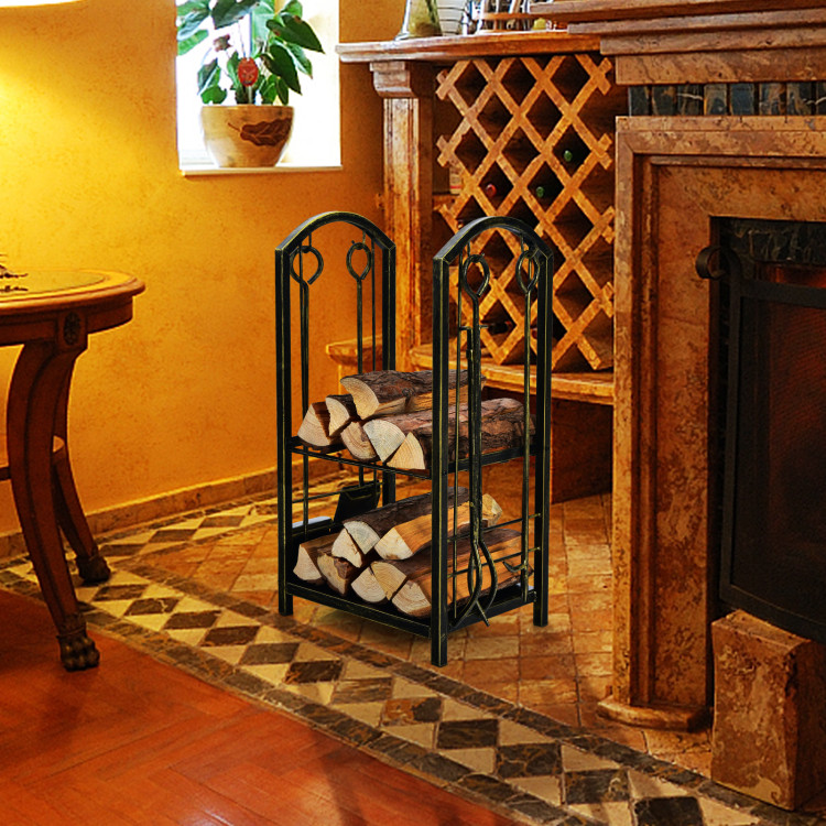 Fireplace Log Rack with 4 Pieces Fireplace Tools-BronzeCostway Gallery View 6 of 11