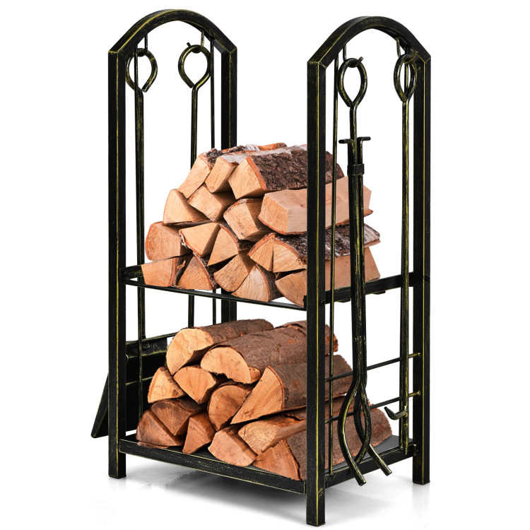 Fireplace Log Rack with 4 Pieces Fireplace Tools-BronzeCostway Gallery View 8 of 11