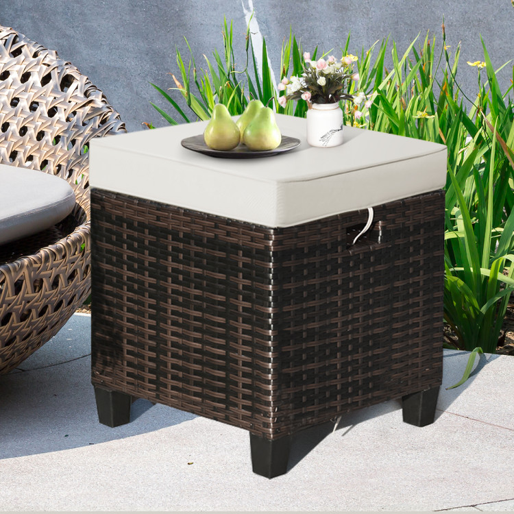 2 Pcs Patio Rattan Ottoman Cushioned Seat Foot Rest-BeigeCostway Gallery View 6 of 10