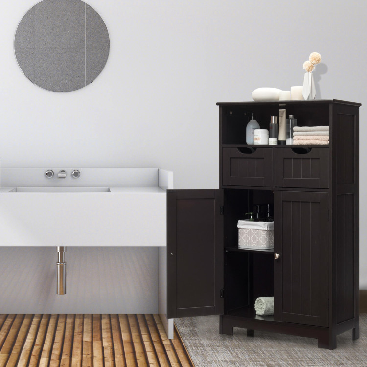 Bathroom Wooden Side Cabinet  with 2 Drawers and 2 Doors-Dark BrownCostway Gallery View 2 of 10