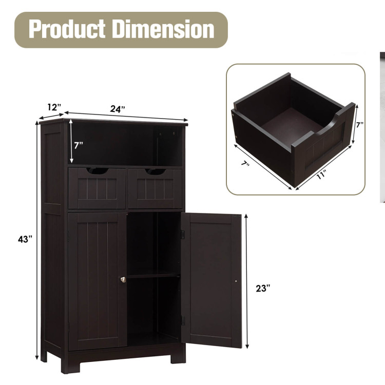 Bathroom Wooden Side Cabinet  with 2 Drawers and 2 Doors-Dark BrownCostway Gallery View 4 of 10