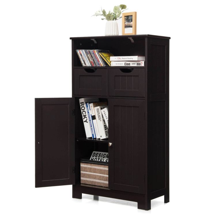 Bathroom Wooden Side Cabinet  with 2 Drawers and 2 Doors-Dark BrownCostway Gallery View 7 of 10