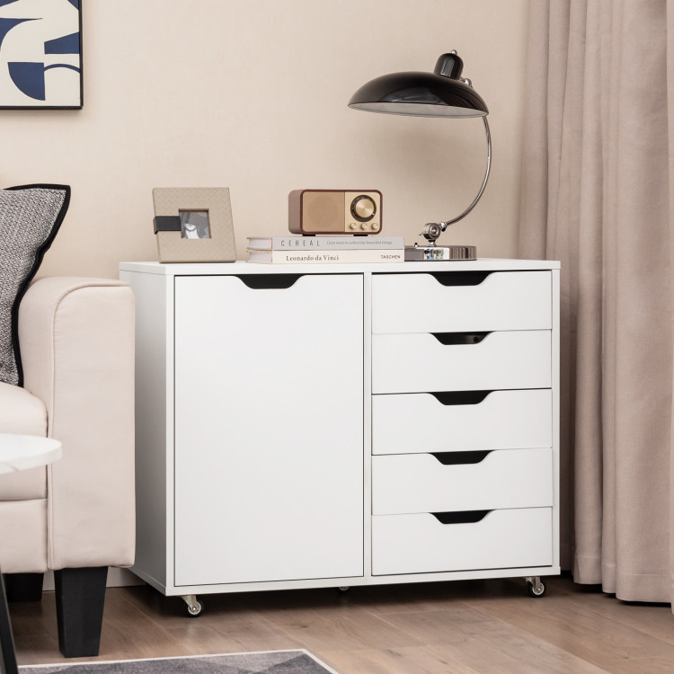 5 Drawers Chest, Wood Storage Dresser with Wheels, Craft Storage Organizer and Storage Drawer Office Drawer Unit - White