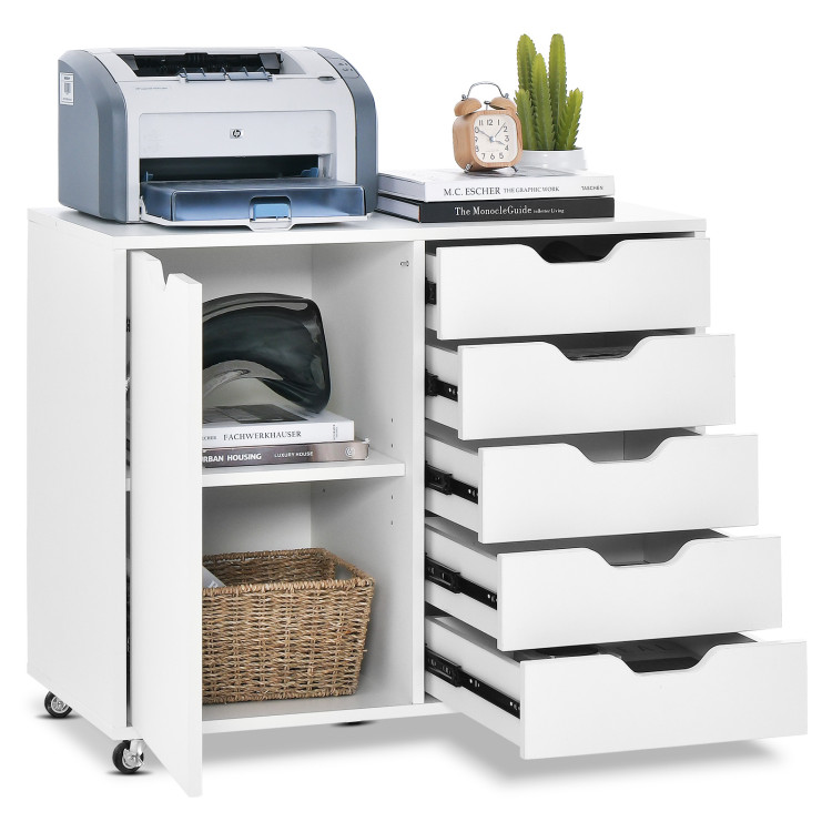 5-Drawer Rolling Storage Cart with Side Cabinet - Costway