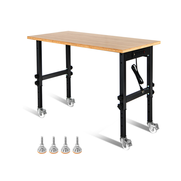 48 Inch Height Adjustable Workbench with Power Outlets and Wheels