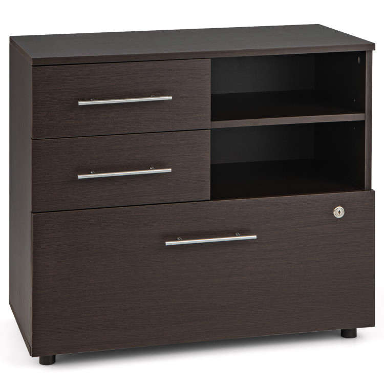3 Drawer Lateral File Cabinet on Wheels with Storage Shelves-BrownCostway Gallery View 1 of 10