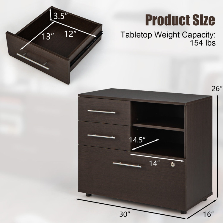 3 Drawer Lateral File Cabinet on Wheels with Storage Shelves-BrownCostway Gallery View 4 of 10