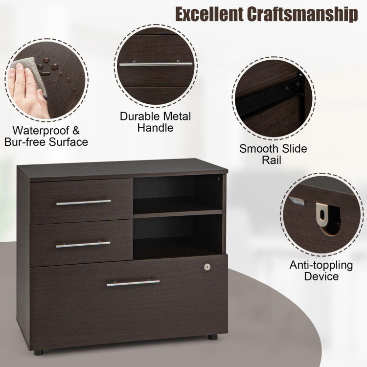 3 Drawer Lateral File Cabinet on Wheels with Storage Shelves-BrownCostway Gallery View 7 of 10