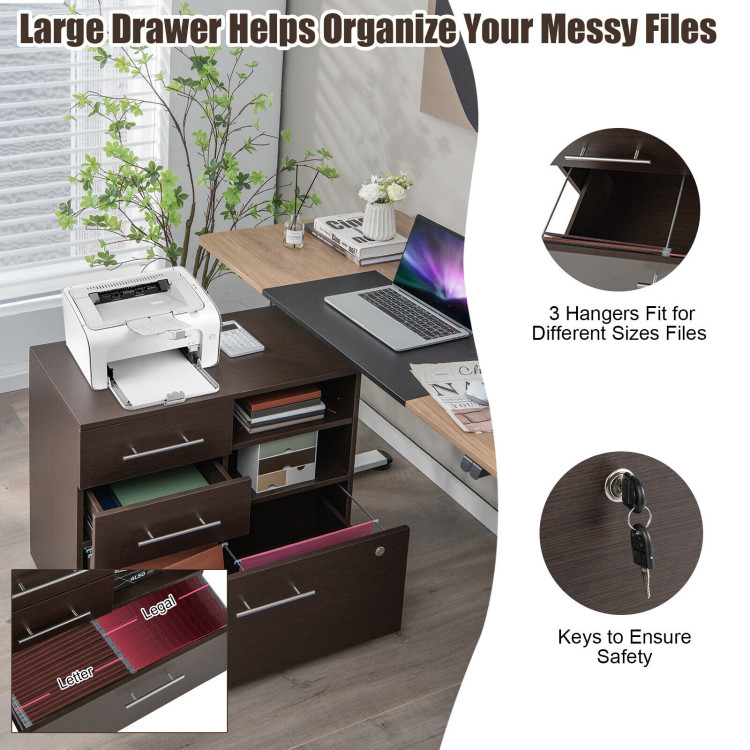3 Drawer Lateral File Cabinet on Wheels with Storage Shelves-BrownCostway Gallery View 5 of 10