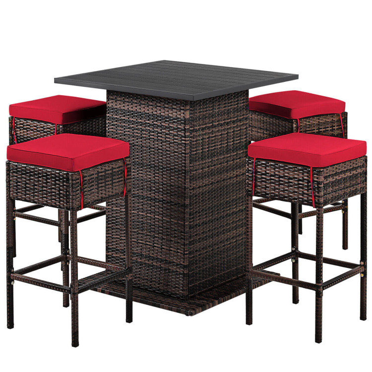 5 Pieces Patio Rattan Bar Furniture Set with Cushions and Hidden Storage Shelf - Gallery View 1 of 10