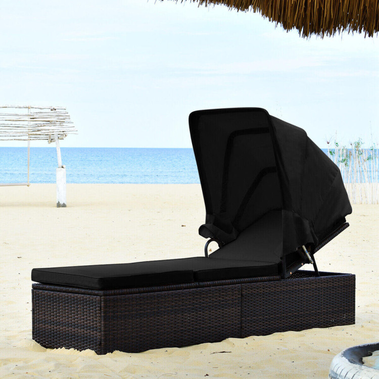 Outdoor Adjustable Cushioned Chaise Lounge Chair with Folding Canopy-BlackCostway Gallery View 7 of 12