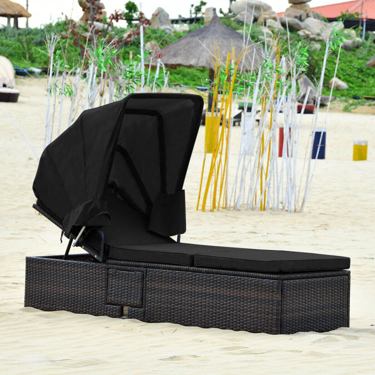 Outdoor Adjustable Cushioned Chaise Lounge Chair with Folding Canopy-BlackCostway Gallery View 2 of 12