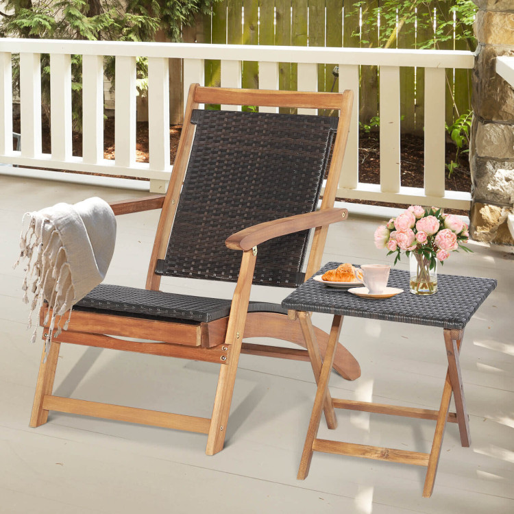 2 Pieces Patio Rattan Folding Lounge Chair with Acacia Wood TableCostway Gallery View 2 of 11