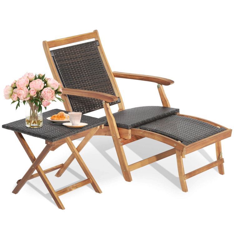 2 Pieces Patio Rattan Folding Lounge Chair with Acacia Wood TableCostway Gallery View 8 of 11