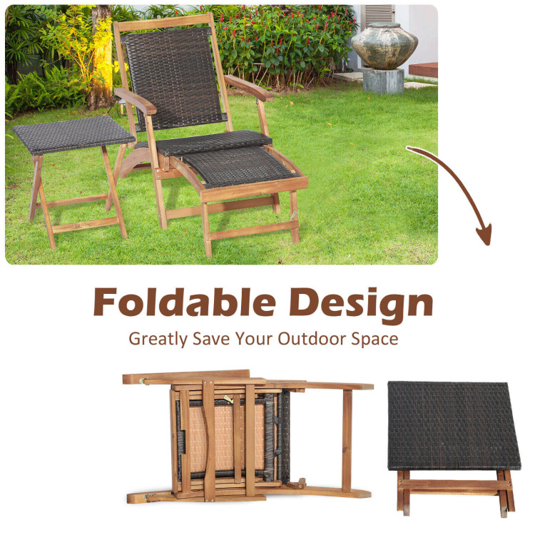 2 Pieces Patio Rattan Folding Lounge Chair with Acacia Wood TableCostway Gallery View 5 of 11