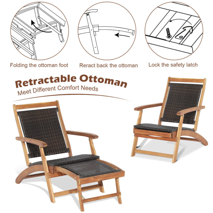 2 Pieces Patio Rattan Folding Lounge Chair with Acacia Wood TableCostway Gallery View 10 of 11