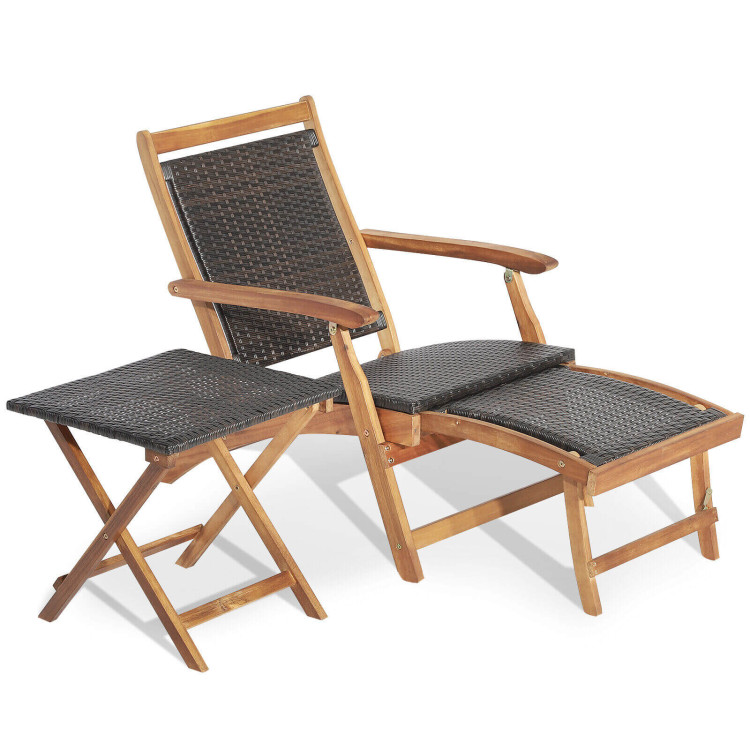 2 Pieces Patio Rattan Folding Lounge Chair with Acacia Wood TableCostway Gallery View 1 of 11