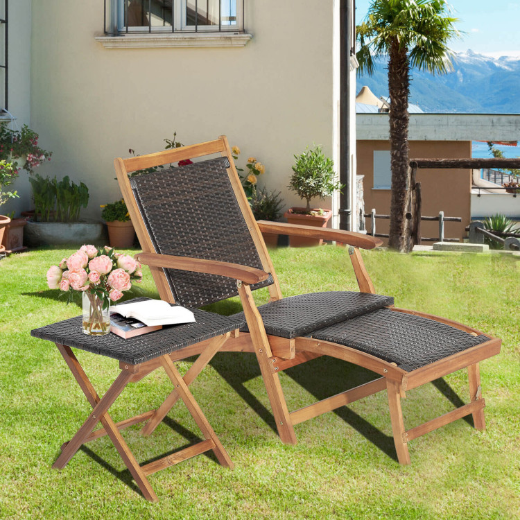 2 Pieces Patio Rattan Folding Lounge Chair with Acacia Wood TableCostway Gallery View 7 of 11