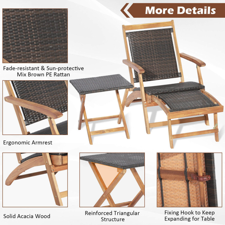 2 Pieces Patio Rattan Folding Lounge Chair with Acacia Wood TableCostway Gallery View 11 of 11